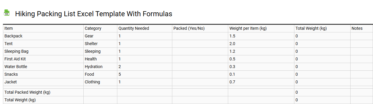 Hiking packing list Excel template with formulas