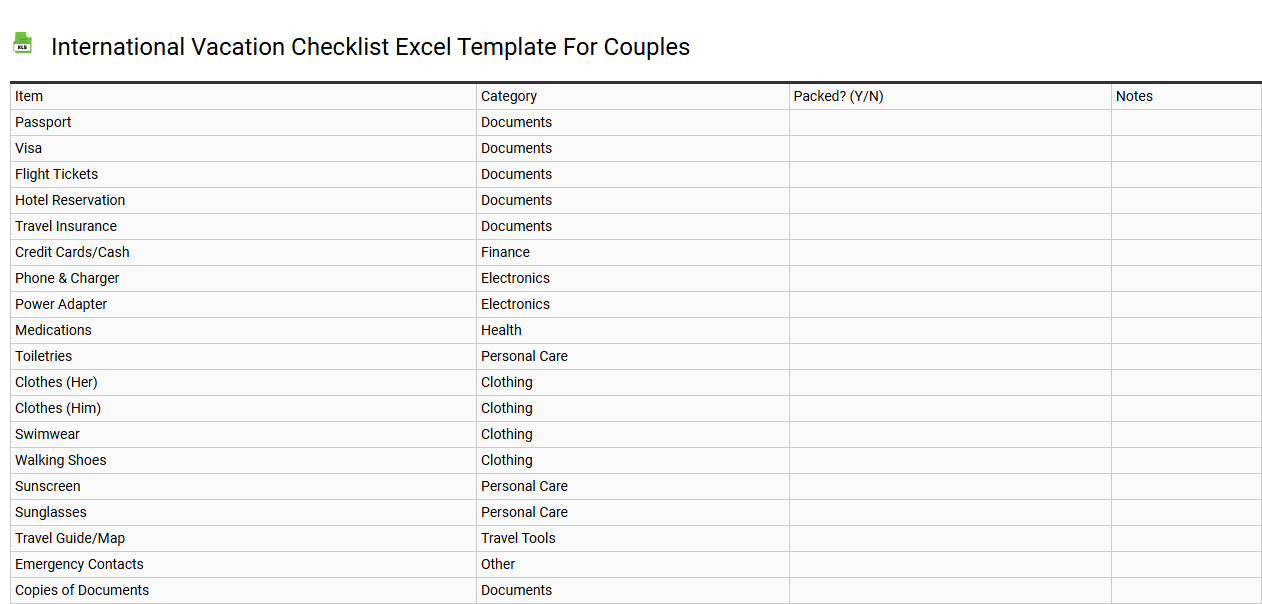 International vacation checklist Excel template for couples