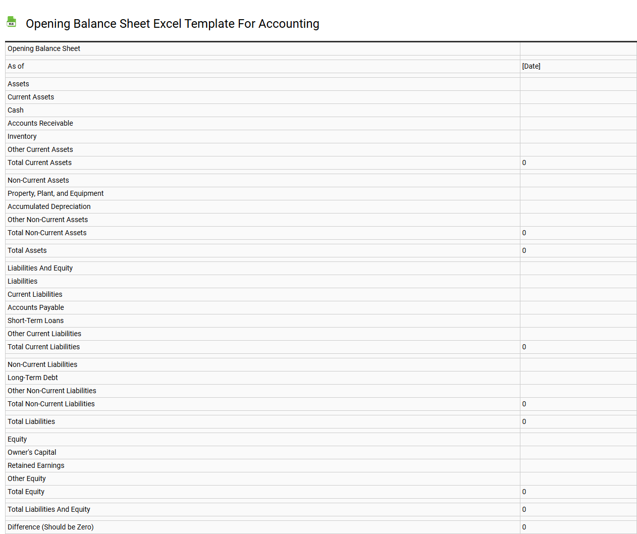 Opening balance sheet Excel template for accounting