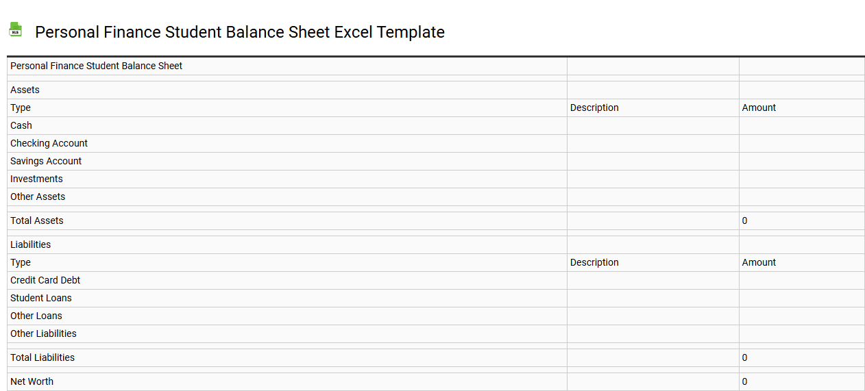 Personal finance student balance sheet Excel template