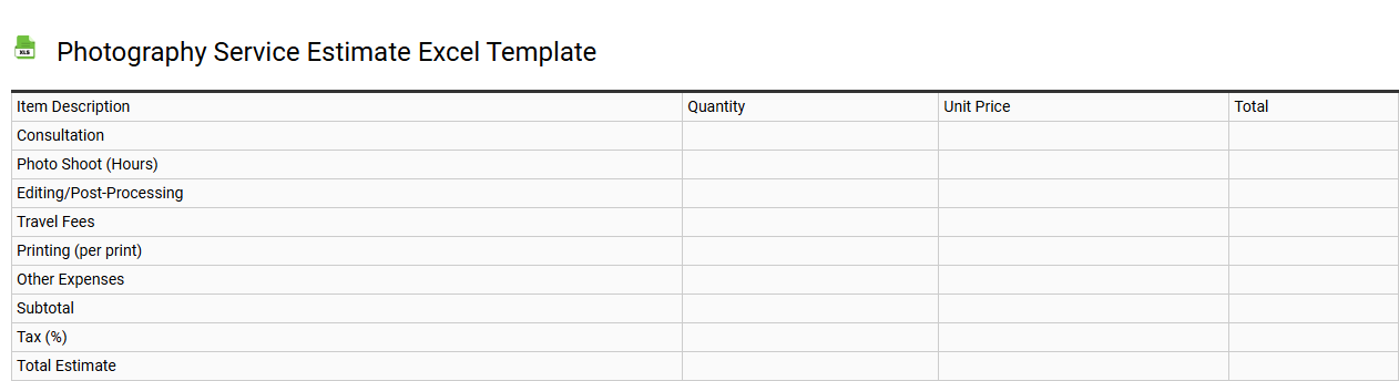 Photography service estimate Excel template