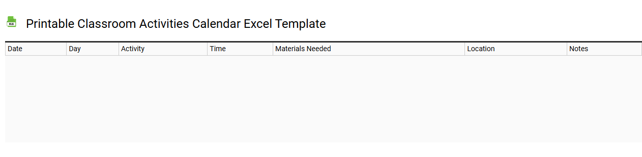 Printable classroom activities calendar Excel template