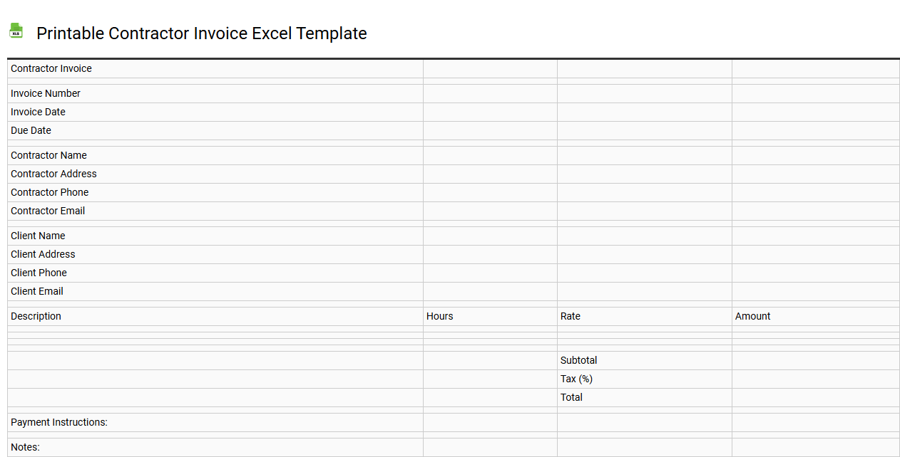 Printable contractor invoice Excel template