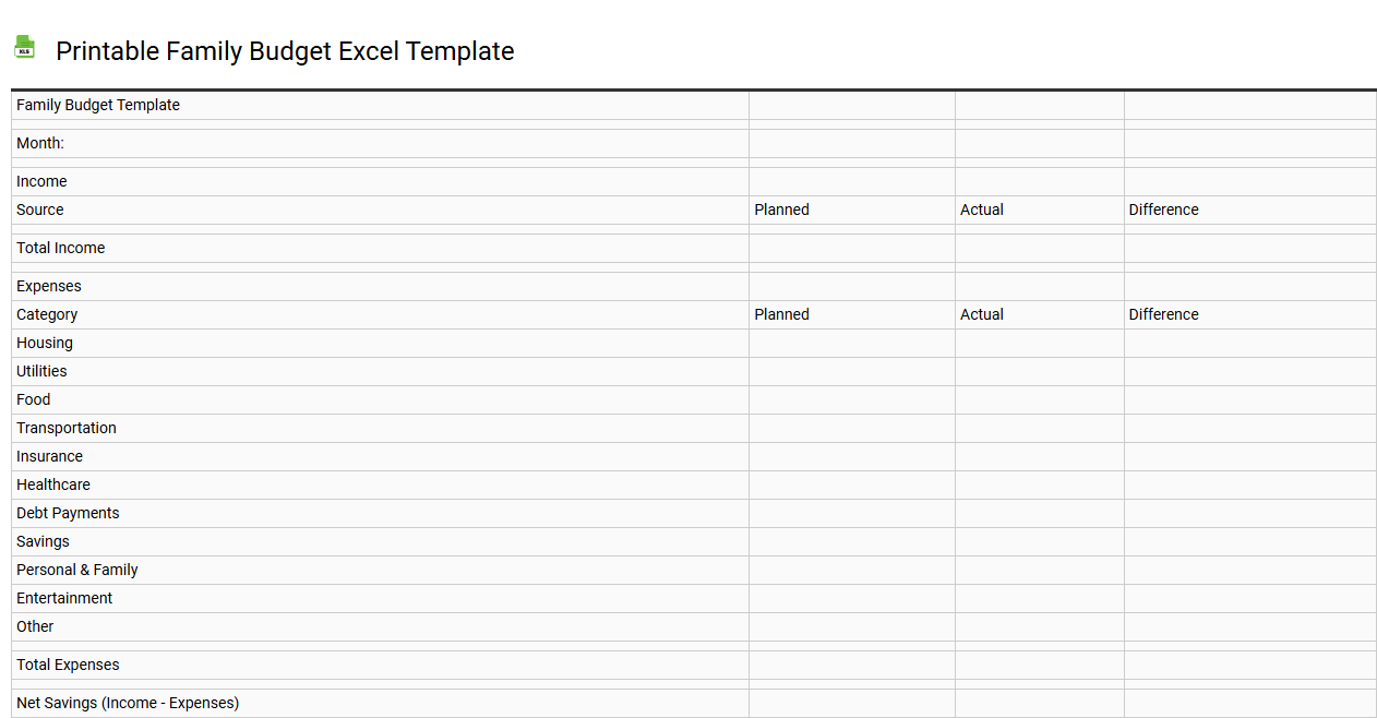 Printable family budget Excel template