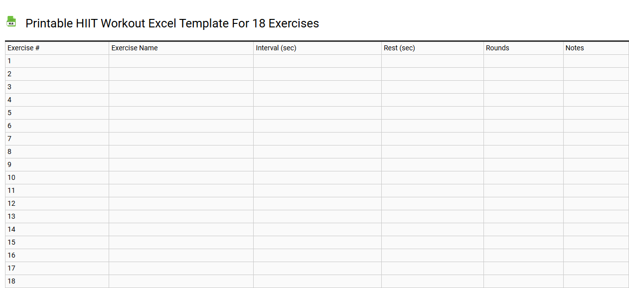 Printable HIIT workout Excel template for 18 exercises