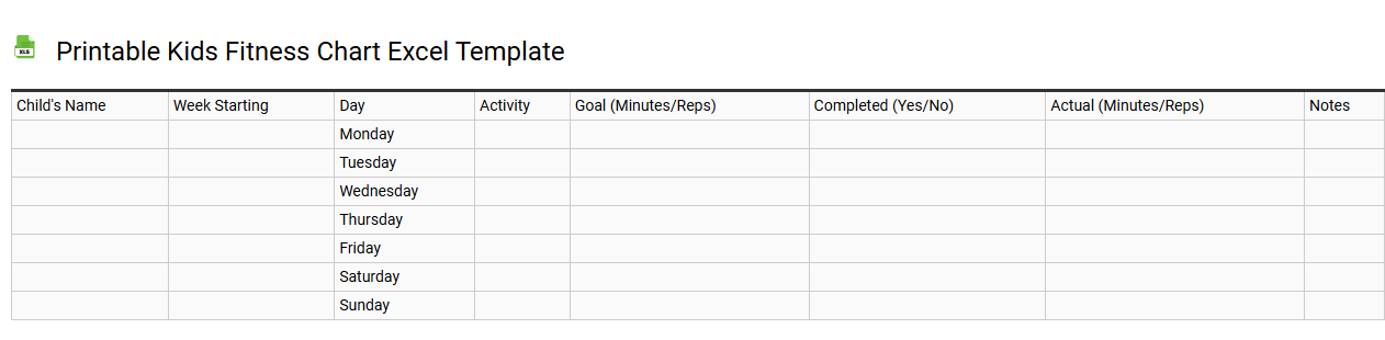 Printable kids fitness chart Excel template