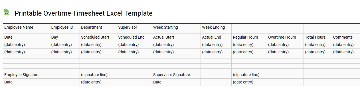 Printable overtime timesheet Excel template
