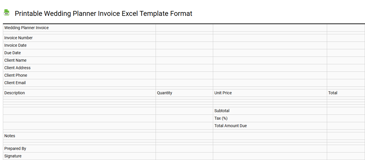 Printable wedding planner invoice Excel template format