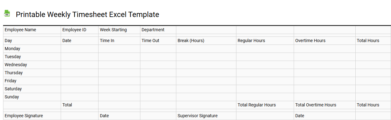 Printable weekly timesheet Excel template