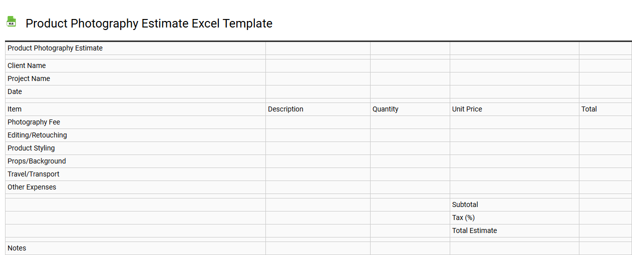 Product photography estimate Excel template