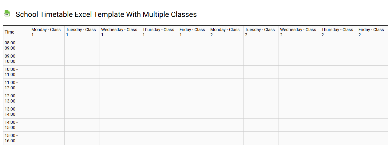 School timetable Excel template with multiple classes