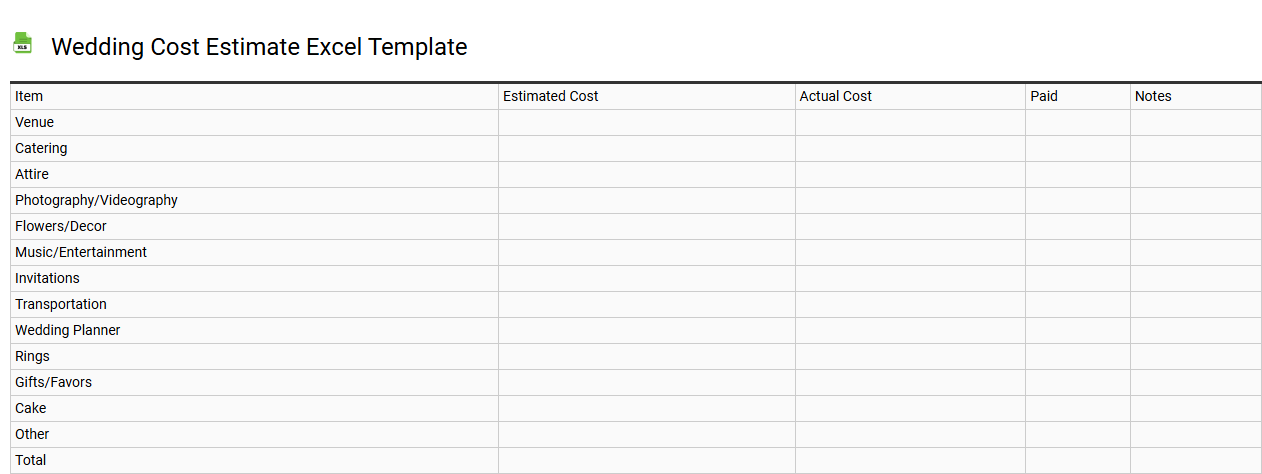 Wedding cost estimate Excel template