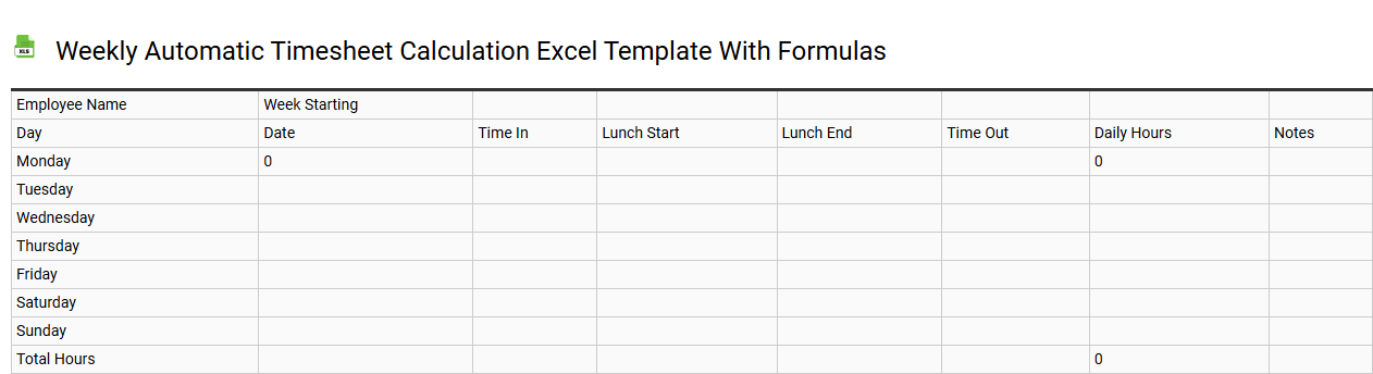 Weekly automatic timesheet calculation Excel template with formulas