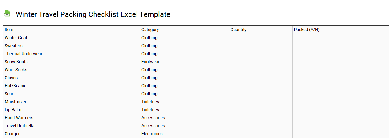 Winter travel packing checklist Excel template