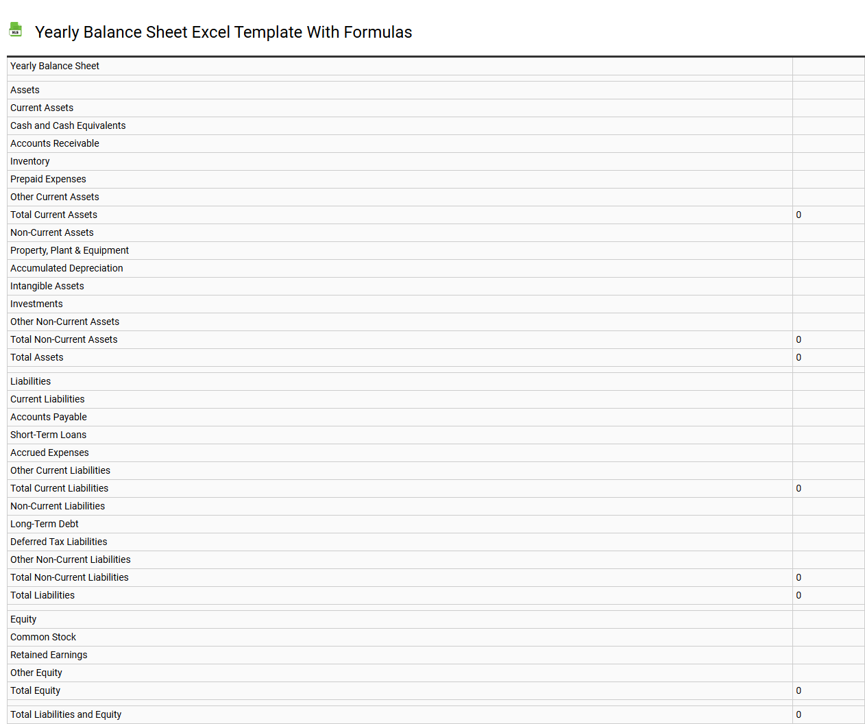 Yearly balance sheet Excel template with formulas